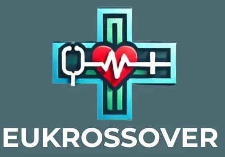 A stylized medical logo featuring a cross with a heart at its center, displaying a heartbeat line. The cross is outlined in blue and green shades, with a syringe on the left arm and a pill or medical tool on the right. Below the logo, the word "EUKROSSOVER" is written in bold white capital letters on a dark teal background.